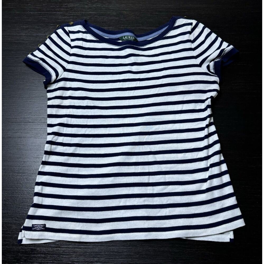 Lauren Ralph Lauren Woman’s White/Blue Striped T-shirt Buttons Accented Size L
